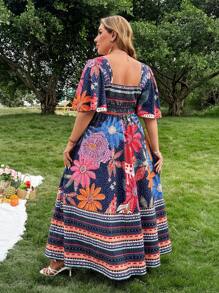 Flirla 大码波西米亚风方领短袖花卉印花休闲连衣裙，适合夏季