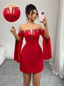 Chiquease 浪漫情人节红色露肩亮片荷叶边女式派对礼服 - 紅色 - 查看 9