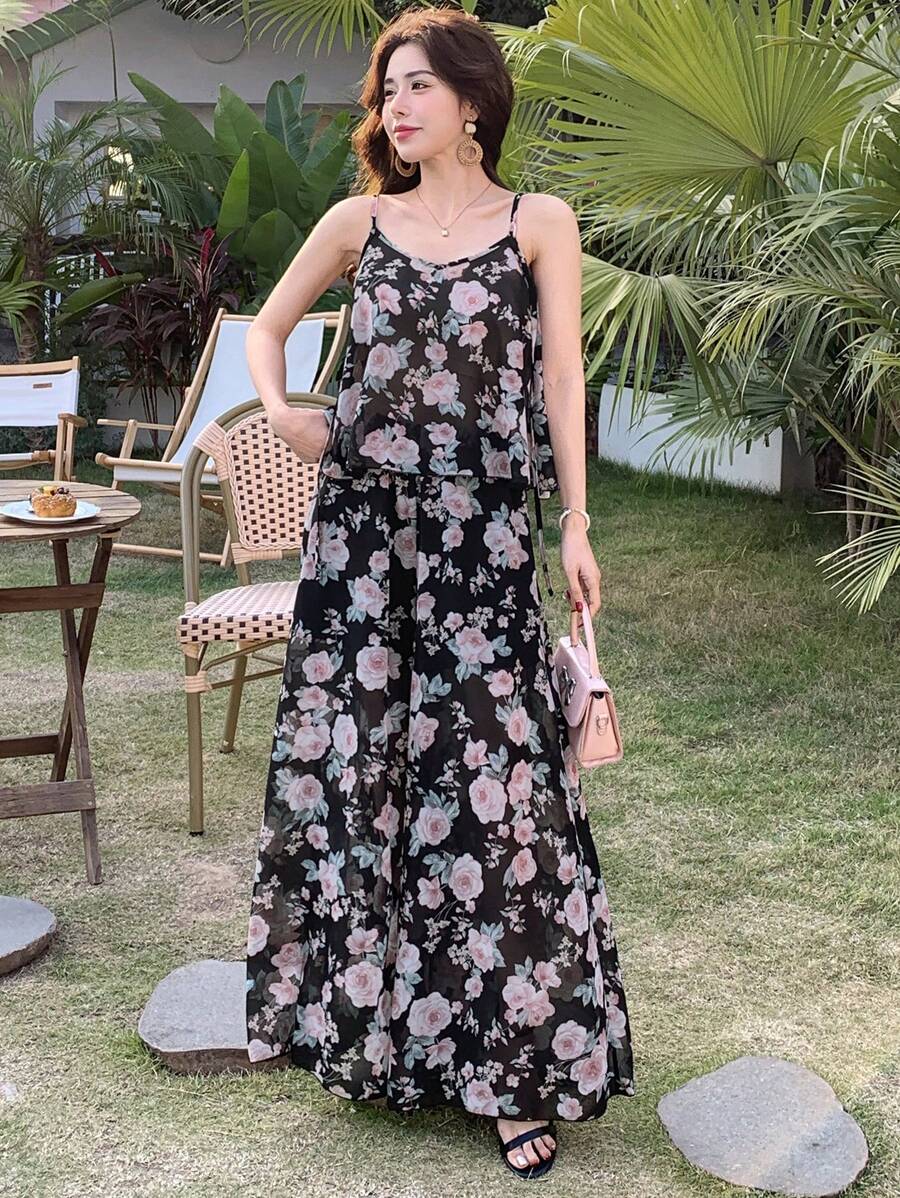 DAZY Bộ 2 áo yếm in hoa và quần ống rộng cho nữ - màu đen - Xem 1