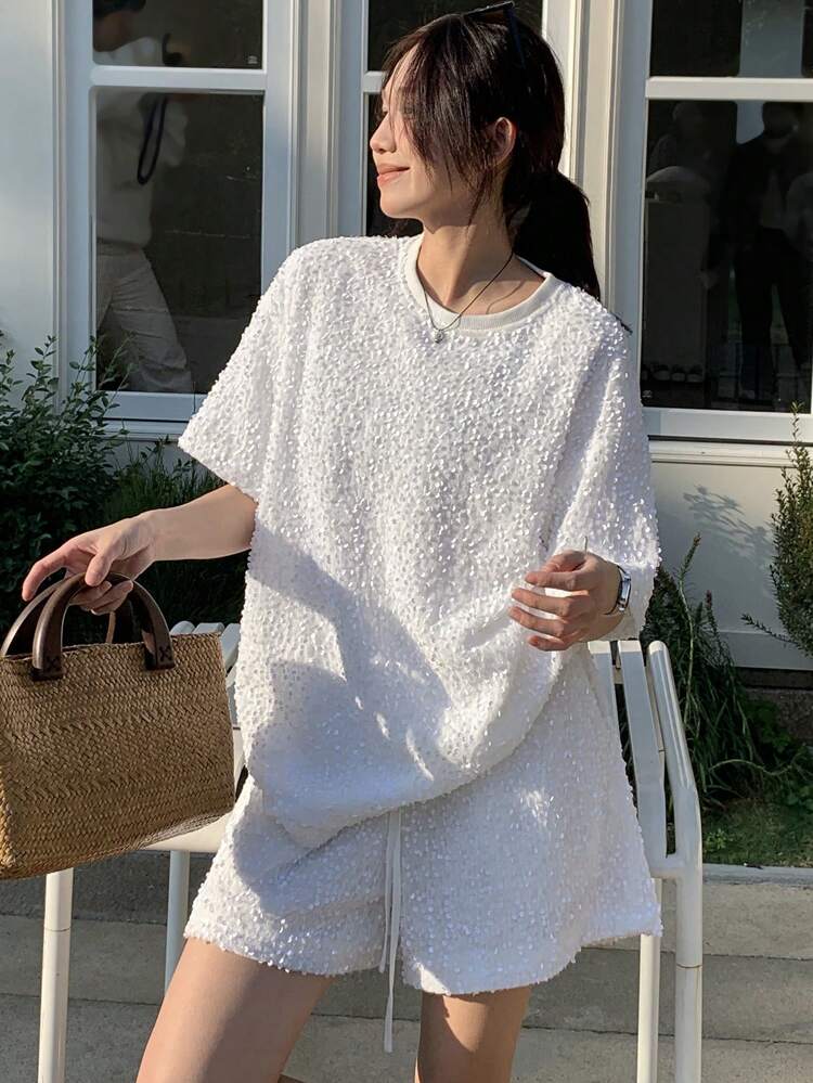 2pcs Women Solid Color Round Neck Short Sleeve Top & Shorts Set Summer Lounge Sets For Women