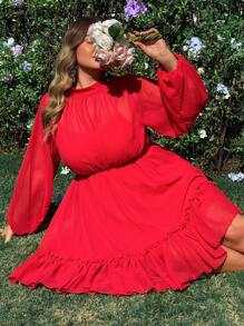 Flirla Robe élégante à col montant, manches longues, taille froncée, ourlet en forme de A, transparente - Rouge - Voir 3