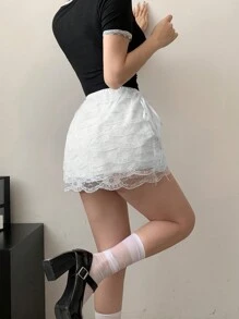 DAZY Falda acampanada de encaje con parches y lazo para mujer - Blanco - Ver 5