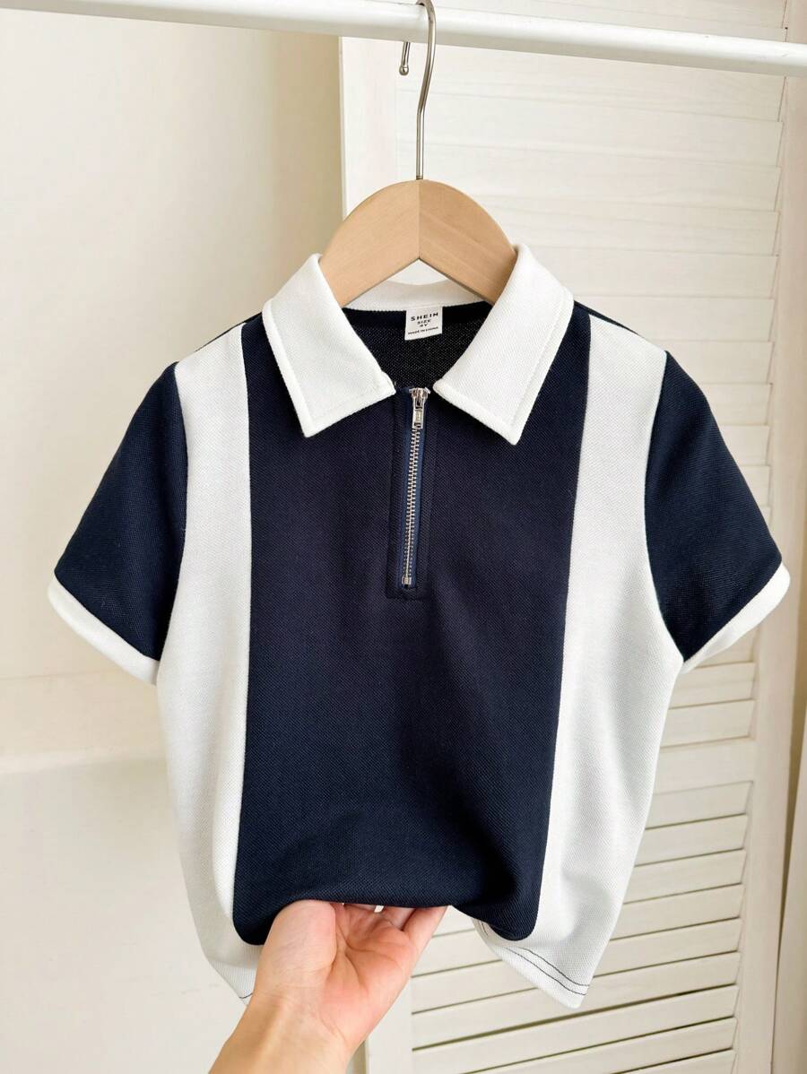SHEIN 年轻男孩拼接撞色翻领前拉链 Polo 衫,休闲风格 - 藏蓝色 - 查看 1