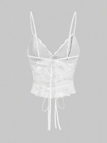 SHEIN EZwear 细肩带蕾丝边吊带背心，蝴蝶结装饰，露背系带 - 白色 - 查看 2