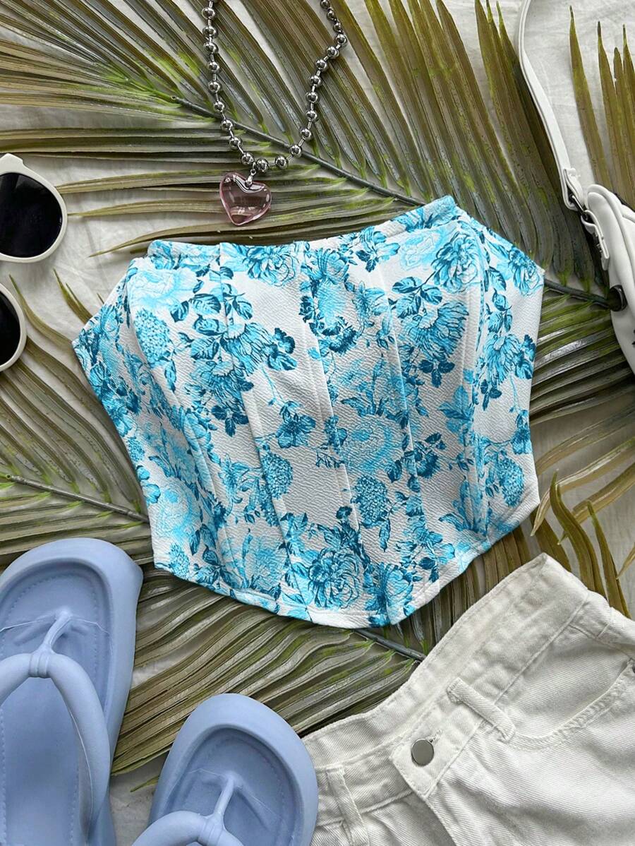 Soleia 女士水彩花卉印花弹力面料露肩夏季度假连衣裙适合毕业季和婚礼季 - 藍色 - 查看 1