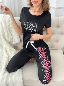 Women English Slogan Print Simple Top And Long Pants Pajama Set - Multicolor - View 3