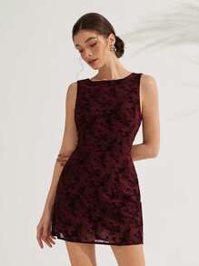 Femmeiva Vintage French Style Off Shoulder Sleeveless Elegant Waist Wrap Sexy Backless Mini Dress For Women For Valentine's Day - Burgundy - View 3