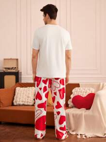 Notgurli Men's Pajama Set With Heart Pattern T-Shirt And Long Pants, For Christmas - Red and White - View 2