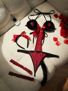 Fantasy Costume Conjunto de 4 piezas de lencería sexy de gato para tallas grandes, con tela brillante y material suave