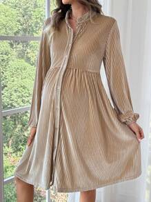 SHEIN Maternity Solid Color Long Sleeve Single-Breasted Casual Loose Dress - Apricot - View 3