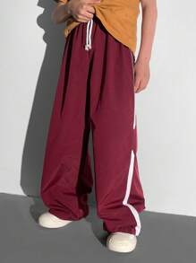 PantsHub Kids/Tween Boys' Casual Sports Versatile Colorblock Ribbon Loose Straight Leg Woven Pants, Suitable For School, Garden, Beach, Birthday, Spring, Summer, Autumn, Winter - Burgundy - View 5