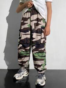 Tween Boy Casual Versatile Comfortable Street Camo Printed Pattern Applique Pockets Drawstring Loose Woven Pants, Suitable For School, Garden, Beach, Birthday, Spring/Summer/Fall/Winter Seasons - Multicolor - View 5