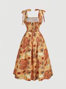 SHEIN MOD Plus Size  Vintage Tie Shoulder Waist Drawstring Sunflower Print Dress,Van Gogh Style Sunflower Print Sleeveless Mini Dress, Concert Outfit Women,Fairycore Summer Dress,Long Floral Dress,Floral Women Dress,Beach Dress Sundress,Holiday Outfits Boho - Multicolor - View 2