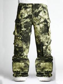 ROMWE MEN Street Life Men's Casual Tie-Dye Wide Leg Cargo Jeans - Army Green - View 1