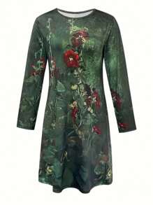 Rochie de damă ocazională verde cu imprimeu floral cu mânecă lungă, cu gât rotund