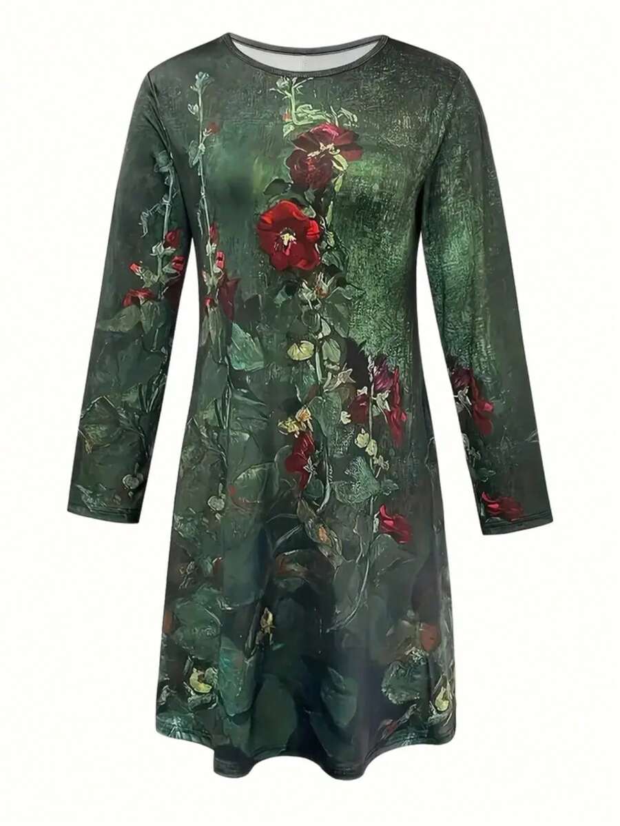 女士休闲绿色花卉印花长袖圆领连衣裙 - 彩色 - 查看 1