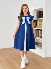 SHEIN Leap Crew Tween Girls 经典百搭对比色彼得潘领蝴蝶结荷叶边宽松休闲连衣裙，适合返校和日常穿着 - 藍色 - 查看 5