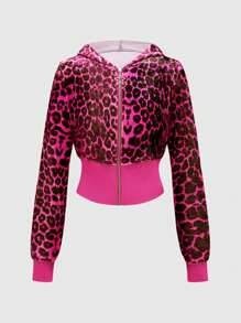 ROMWE J-Fashion 复古水钻天鹅绒豹纹印花连帽运动衫 女士运动衫 - 粉色 - 查看 2