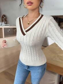 Chiquease Jersey de cuello en V de manga larga con trenzado para mujer, estilo universitario suave y acogedor, tejido, estilizador y versátil, otoño/invierno