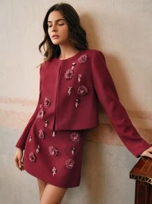 Anewsta 2 件套女士优雅手工花朵耳钉水钻仿珍珠，秋季 - 酒紅色 - 查看 4