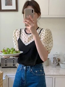 DAZY Women's Cute Polka Dot Patchwork Short Sleeve 2 In 1 Blouse