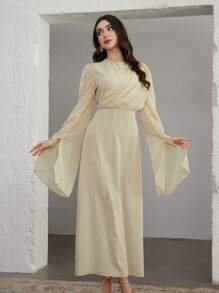Graceveil Women's Solid Color Crew Neck Long Sleeve Mesh Patchwork Elegant Dress - Apricot - View 1