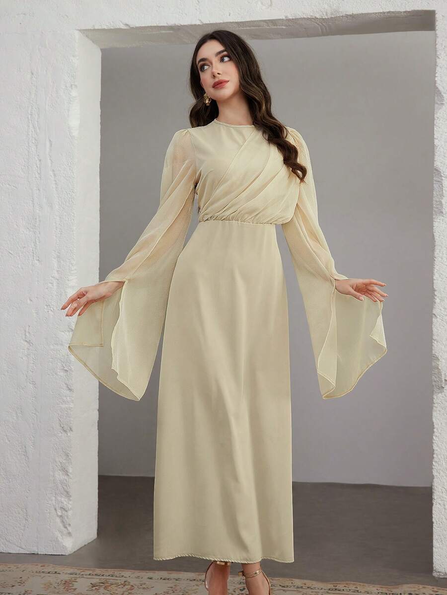 Graceveil Women's Solid Color Crew Neck Long Sleeve Mesh Patchwork Elegant Dress - Apricot - View 1