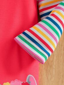 1 Pc Girls Casual Cute Cat Print Contrast Color Striped Long Sleeve Dress, Suitable For Adorable Girls In Spring - Red - View 5