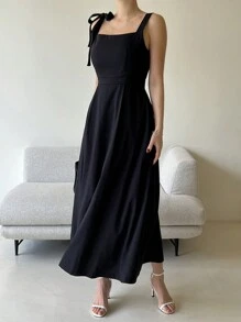 DAZY 女士不对称吊带中长连衣裙搭配喇叭形太阳裙 - 黑色 - 查看 2
