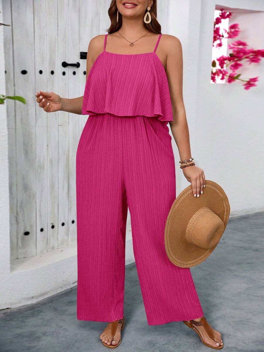 SHEIN VCAY 大码女式纯色荷叶边阔腿休闲连体裤