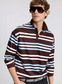 Ontre Camisa polo casual de manga larga con rayas para hombre, otoño