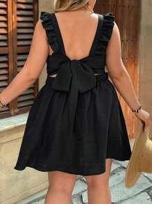 SHEIN VCAY Plus Size Women's Solid Color Tie Back Ruffle Hem Casual Dress - Black - View 3