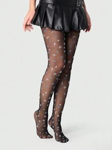 ROMWE Fairycore 1 Pair Black Jacquard Tights, Sexy Pantyhose With Pentagram Pattern, Elastic Slimming Leg, Sheer Star Undershort Socks