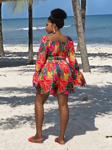 Slaydiva Conjunto de 2 piezas con estampado y tirantes cruzados en la espalda, adecuado para vacaciones de primavera y verano en tallas grandes