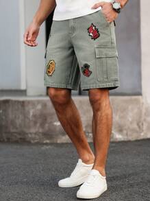 Manfinity LEGND 男士简约纽扣前口袋休闲牛仔短裤，日常穿着 - 綠色 - 查看 3