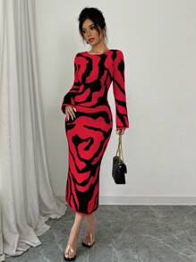 Elenzga Women Sweater Dress With Bell Sleeve & Pattern Fall Cloth For Women - Red - View 3