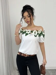 Elenzga Elegant Off Shoulder Ruffle Trim Short Sleeve Blouse