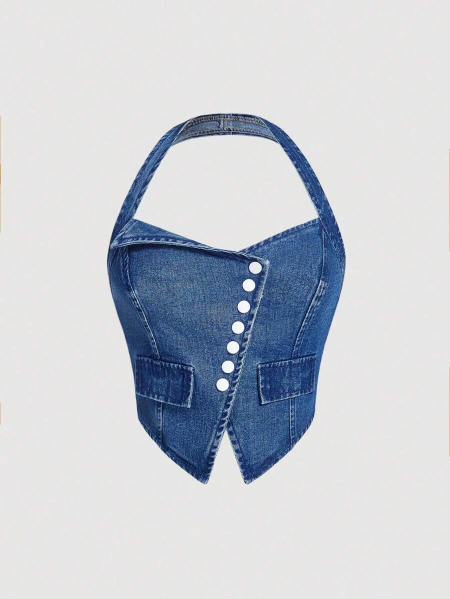 SHEIN MOD 女士单排扣休闲挂脖牛仔上衣 - 藍色 - 查看 1