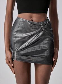 Chiquease Falda plisada minimalista con botón con carácter japonés, para uso casual diario