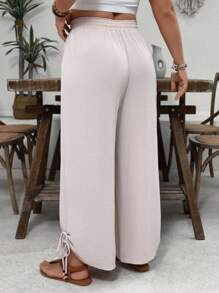 SHEIN VCAY 大码休闲卡其色松紧腰带抽绳下摆带口袋长裤，适合海岛度假 - 卡其色 - 查看 4