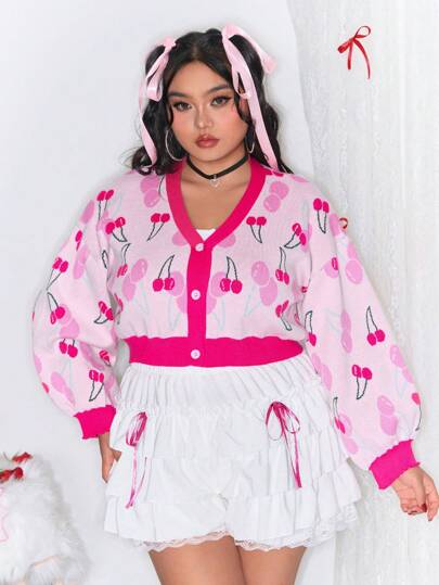 Kawaii Cárdigan de punto vintage de talla grande con contraste de color cereza