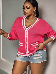 Slaydiva Plus Size Women Colorblock Trim Casual College Style Cardigan, Suitable For Valentine's Day - Multicolor - View 4