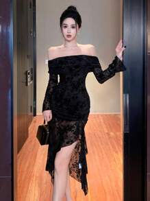 DAZY 黑色印花露肩长袖修身中长连衣裙，采用植绒和网纱面料，优雅正式，适合舞会、新年、情人节等场合。 - 黑色 - 查看 1