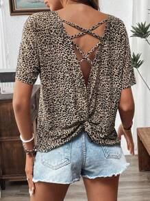 SHEIN LUNE 加大码豹纹露背交叉休闲舒适百搭短袖T恤曲线女装情人节服装波西米亚牛仔女郎老钱节波西米亚西部服饰女嬉皮夏季 - 棕色 - 查看 3