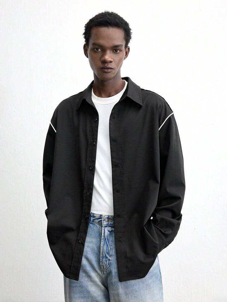 SHEIN Maija Men's 2025 Spring/Summer New Black Lapel Loose Open Front Single-Breasted Raglan Sleeve Casual Daily Versatile Fashion Commute Simple Design Vacation New Year Party Shirt