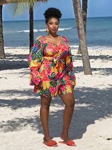 Slaydiva Conjunto de 2 piezas con estampado y tirantes cruzados en la espalda, adecuado para vacaciones de primavera y verano en tallas grandes