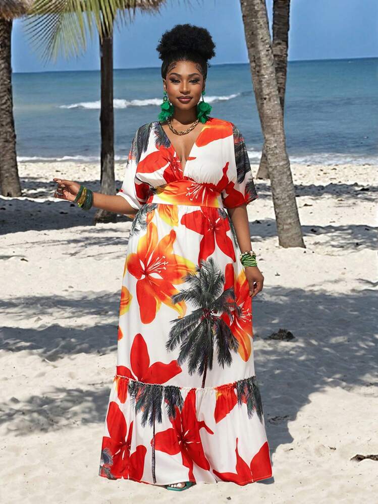 Slaydiva Vestido con estampado floral para mujer de talla grande con bajo asimétrico, escote bajo, mangas de hombro, cintura ceñida para fiesta, vacaciones, look elegante en verano - Multicolor - Añade 6