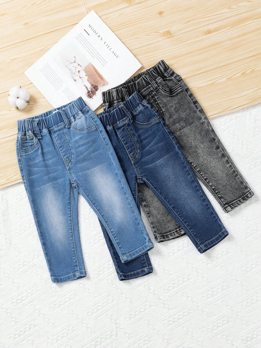 3 件套女婴简约休闲浅蓝色、中蓝色、灰色松紧腰洗水牛仔长裤套装
