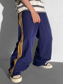 SHEIN Tween 男童休闲百搭舒适松紧腰字母织标直筒宽松纯色裤子，适合通勤、上学、日常生活、度假、运动、春季、夏季、秋季、冬季