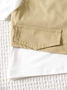 SHEIN Set de 2 piezas compuesto por una blusa corta de punto blanco y caki con efecto 2 en 1, y una falda larga de línea A en color caqui para niña joven